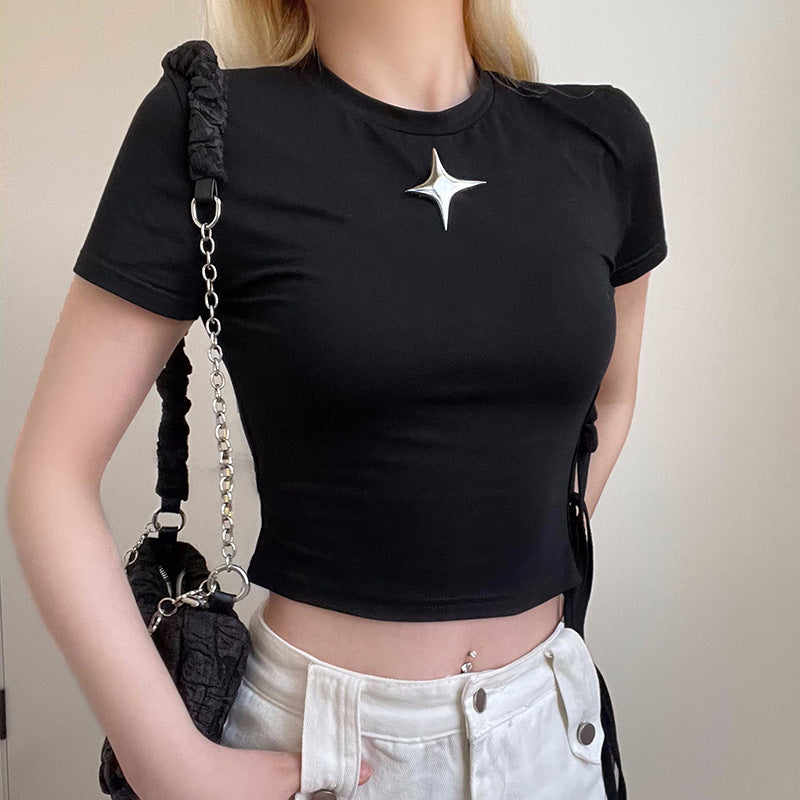 Star Short Sleeve Lace-Up Crop Top