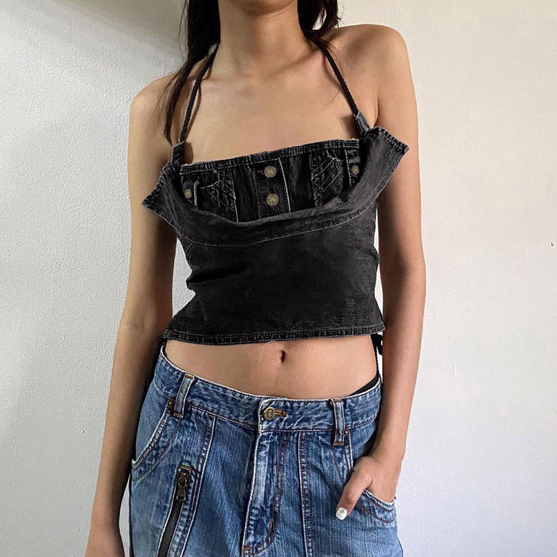 Denim Lace-Up Halter Top