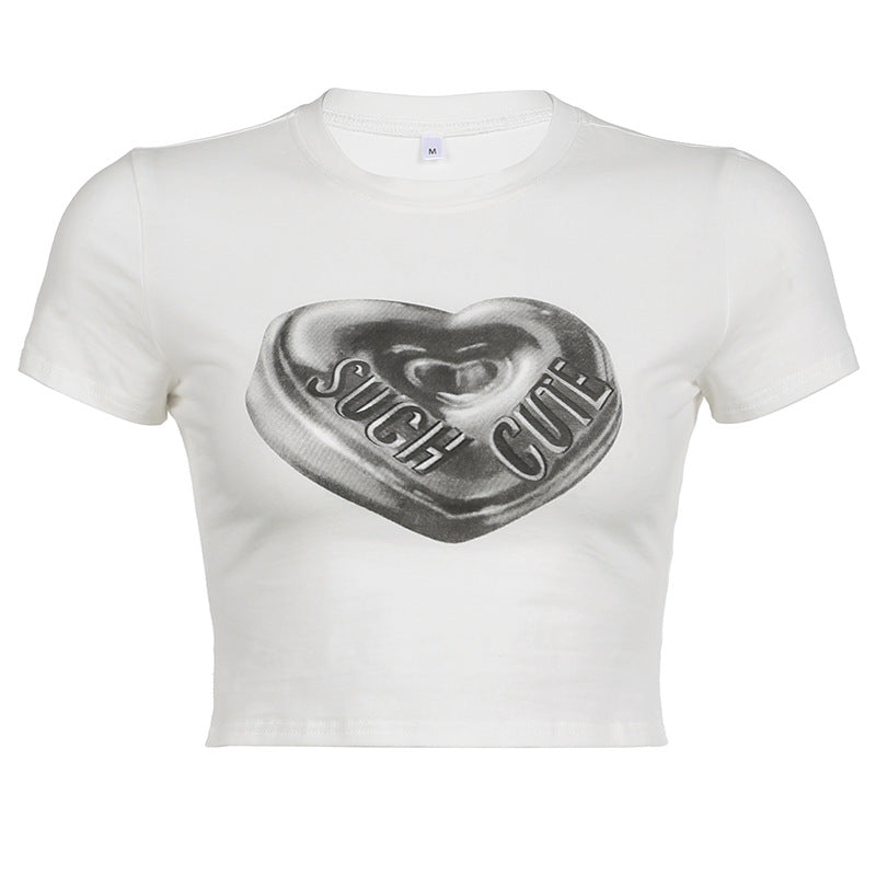 Heart Print Short Sleeve Crop T-Shirt