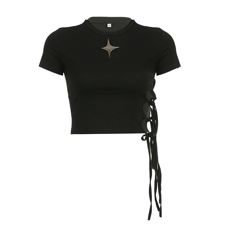 Star Short Sleeve Lace-Up Crop Top