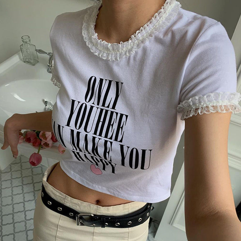 Lace Letter Short Sleeve Crop Top