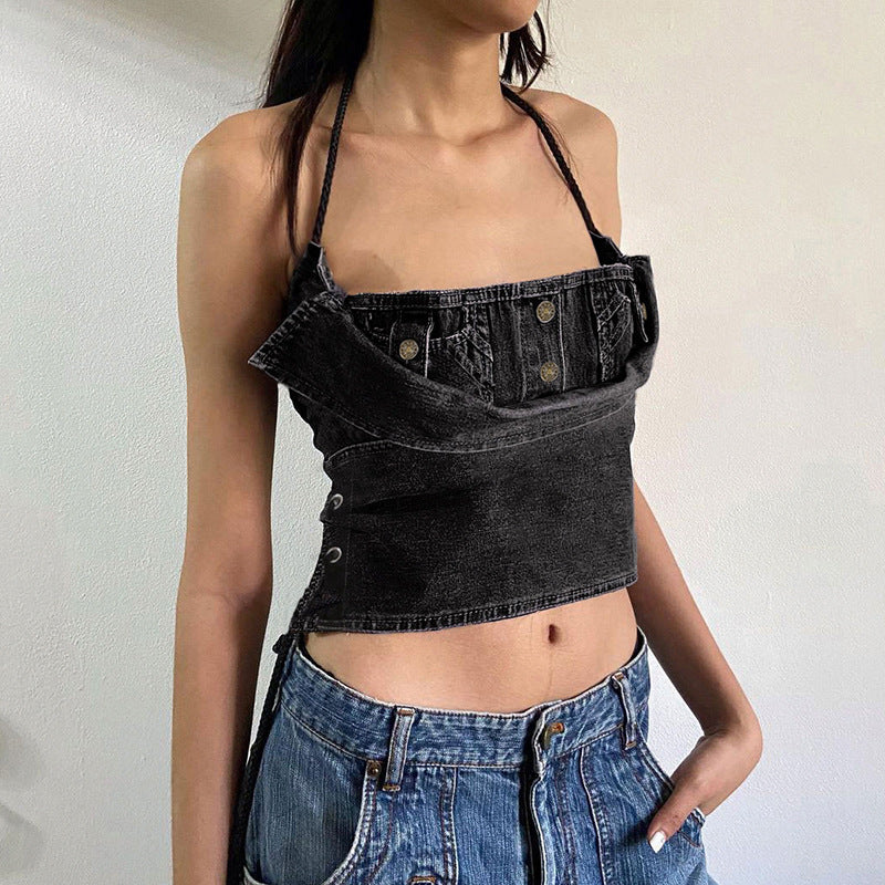 Denim Lace-Up Halter Top