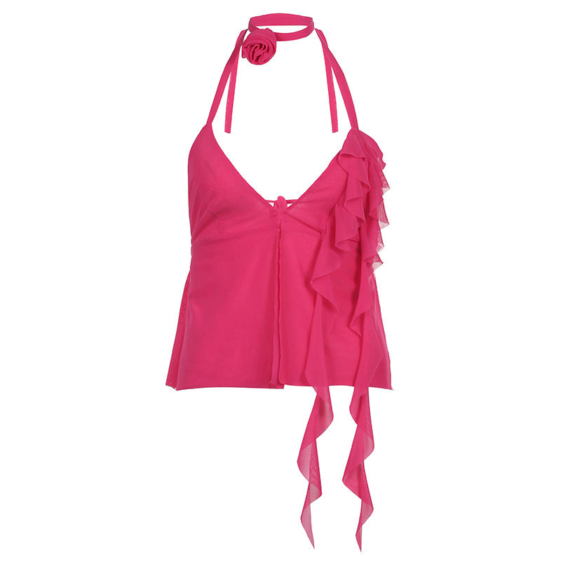 V Neck Ruffle Mesh Cami Top