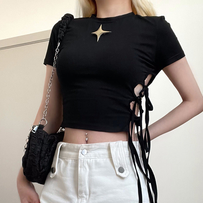 Star Short Sleeve Lace-Up Crop Top